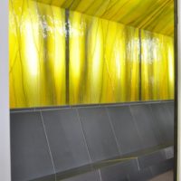 Dampfbad Bank mit Sitzbank - freitragend mit Ornamentglas (3D) / Beleuchtung (hinterleuchtet) - Keramik, Glas Rückwand