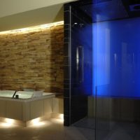 Privatspa: Luxus Wellnessbereich im Dachgeschoss (DG) eines Wohnhauses Dusche und Whirlpool